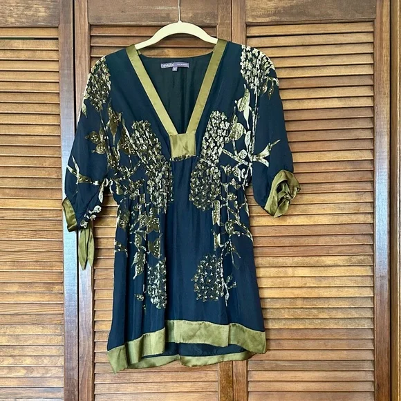 Hale Bob silk velvet burnout beaded babydoll top in black and olive green size M - Picture 2 of 11